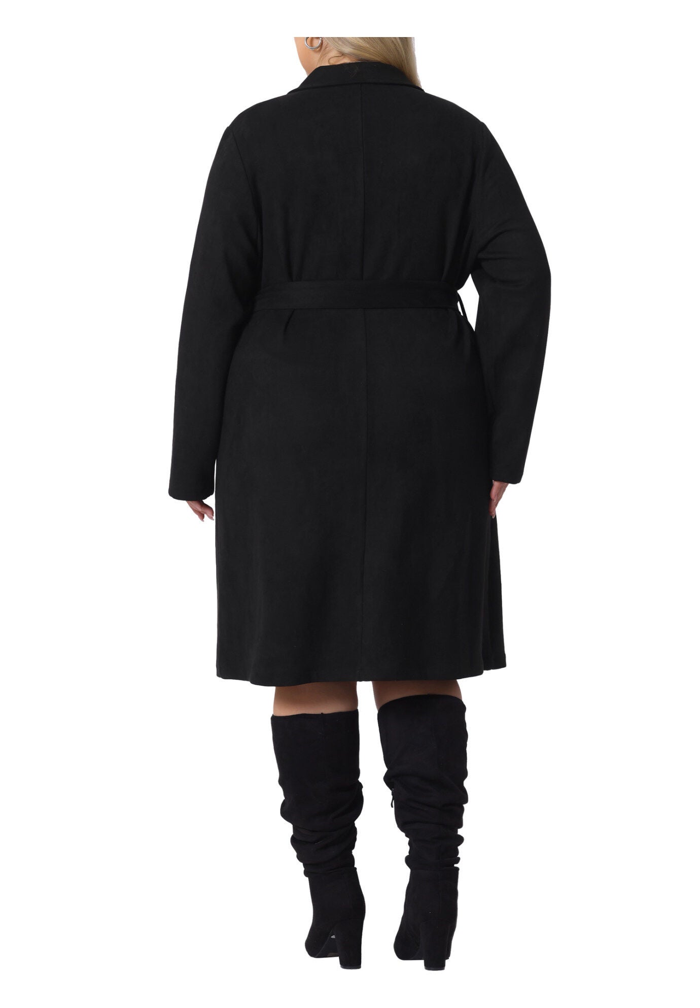 NOTCH LAPEL FAUX SUEDE LONG TRENCH COAT, Black / Black, alternate image number 3