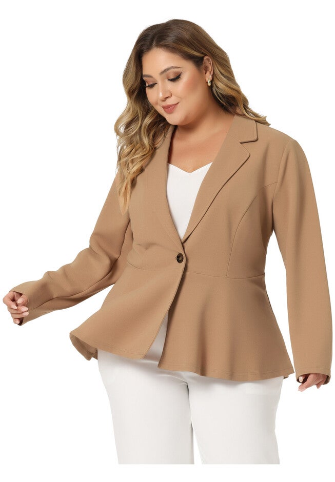 RUFFLE V NECK BUTTON NOTCH PANEL PEPLUM BLAZER, Deep Khaki / Brown, alternate image number 2