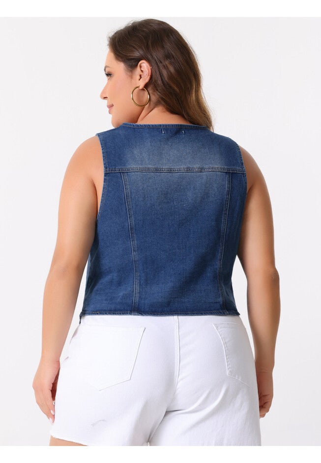 SLEEVELESS V NECK WASHED DISTRESSED WAISTCOAT DENIM VEST, Blue / Chambray Denim Medium, alternate image number 3