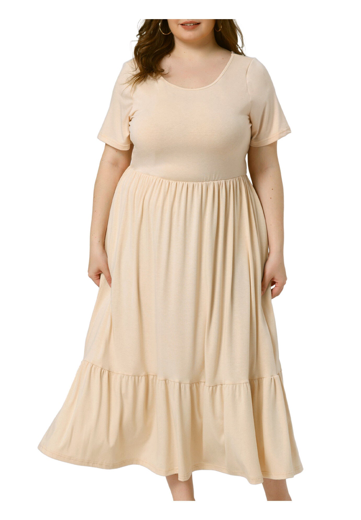 Short Sleeve Crew Neck Swing Flowy Summer Maxi Dress, Beige / Beige, alternate image number 2