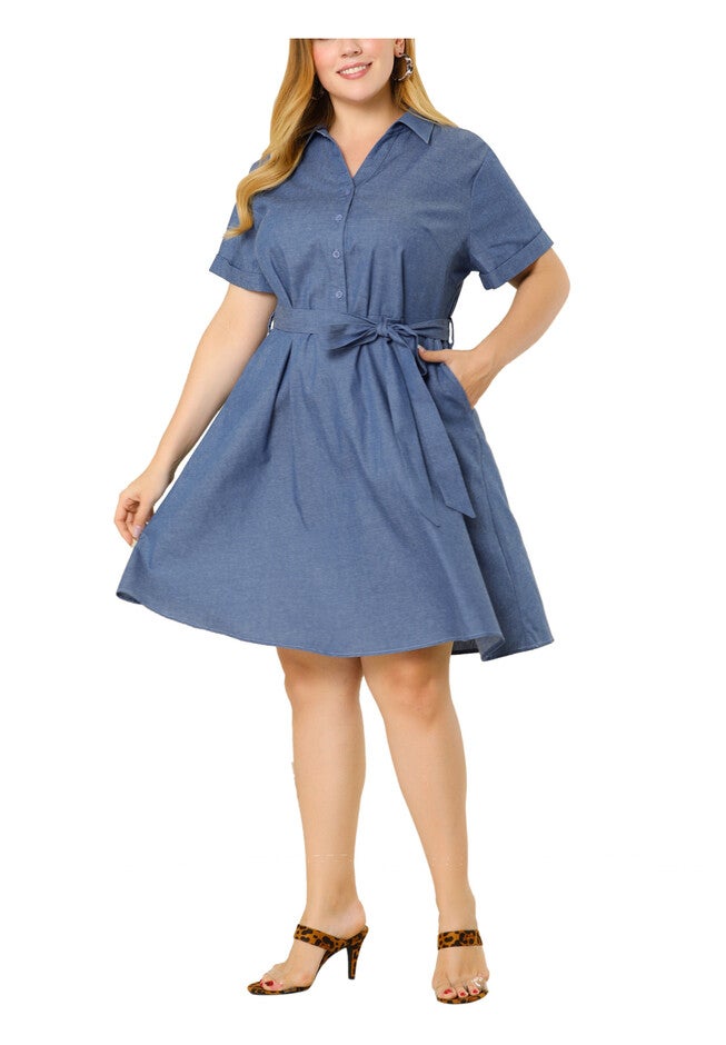 Buttons Belted Short Sleeves Chambray Dress, Blue / Chambray Denim Medium, alternate image number 2