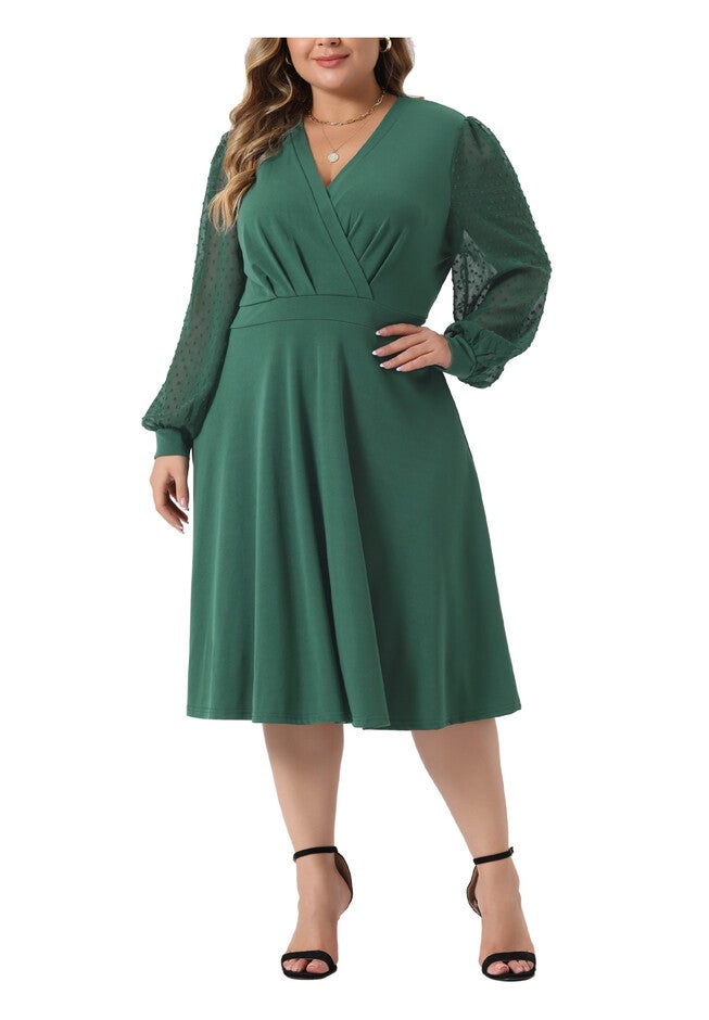 Long Sleeve Swiss Dots Formal Knee Length Dress, Green / Forest Green, alternate image number 1