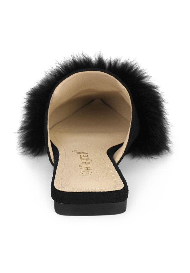 Pointed Toe Faux Fur Slip on Flat Slide Mules, Black / Black, alternate image number 2