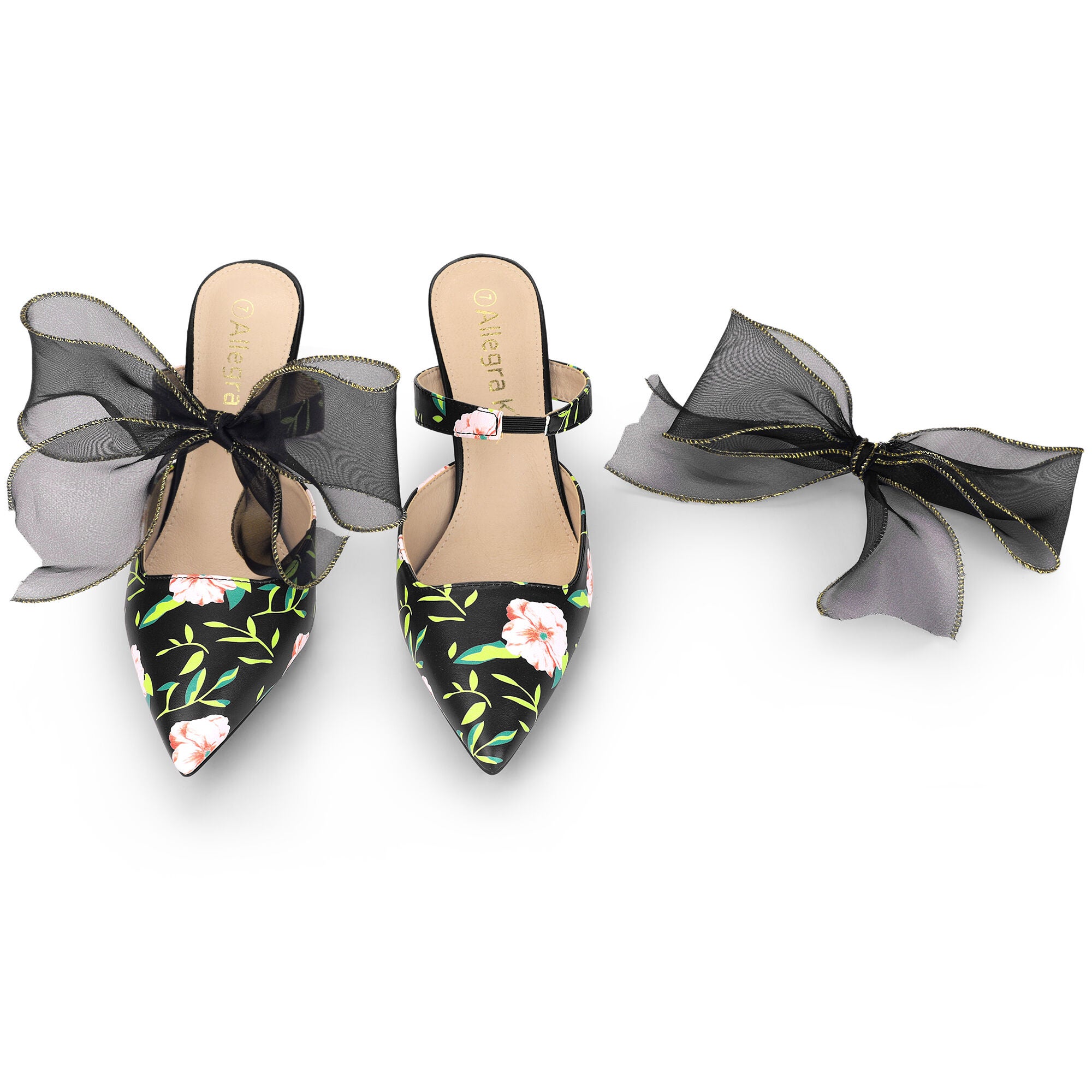 Pointed Toe Lace Bow Stiletto Heels Floral Mules, Black / Black, alternate image number 2