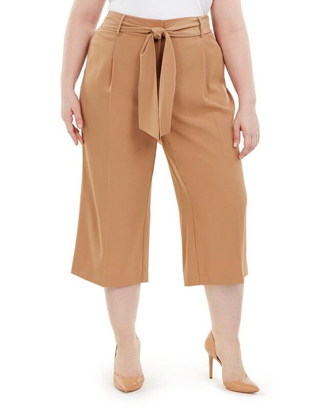 Alfani Women's Tummy Control Tie Waist Culottes Pants Brown 14W, Brown / Brown, hi-res image number null