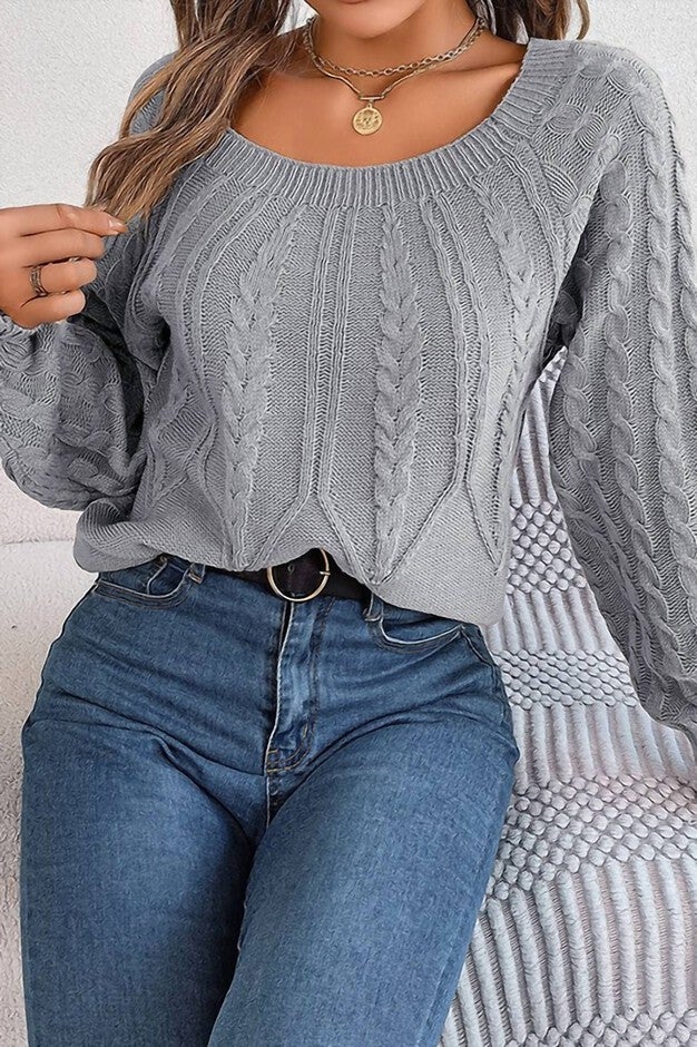 ALLISON WIDE NECK CABLE KNIT SWEATER IN GRAY, , alternate image number null