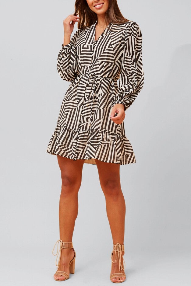 Sylvana Dress Long Puffy Sleeve Geo Print, Black / Black, alternate image number 3