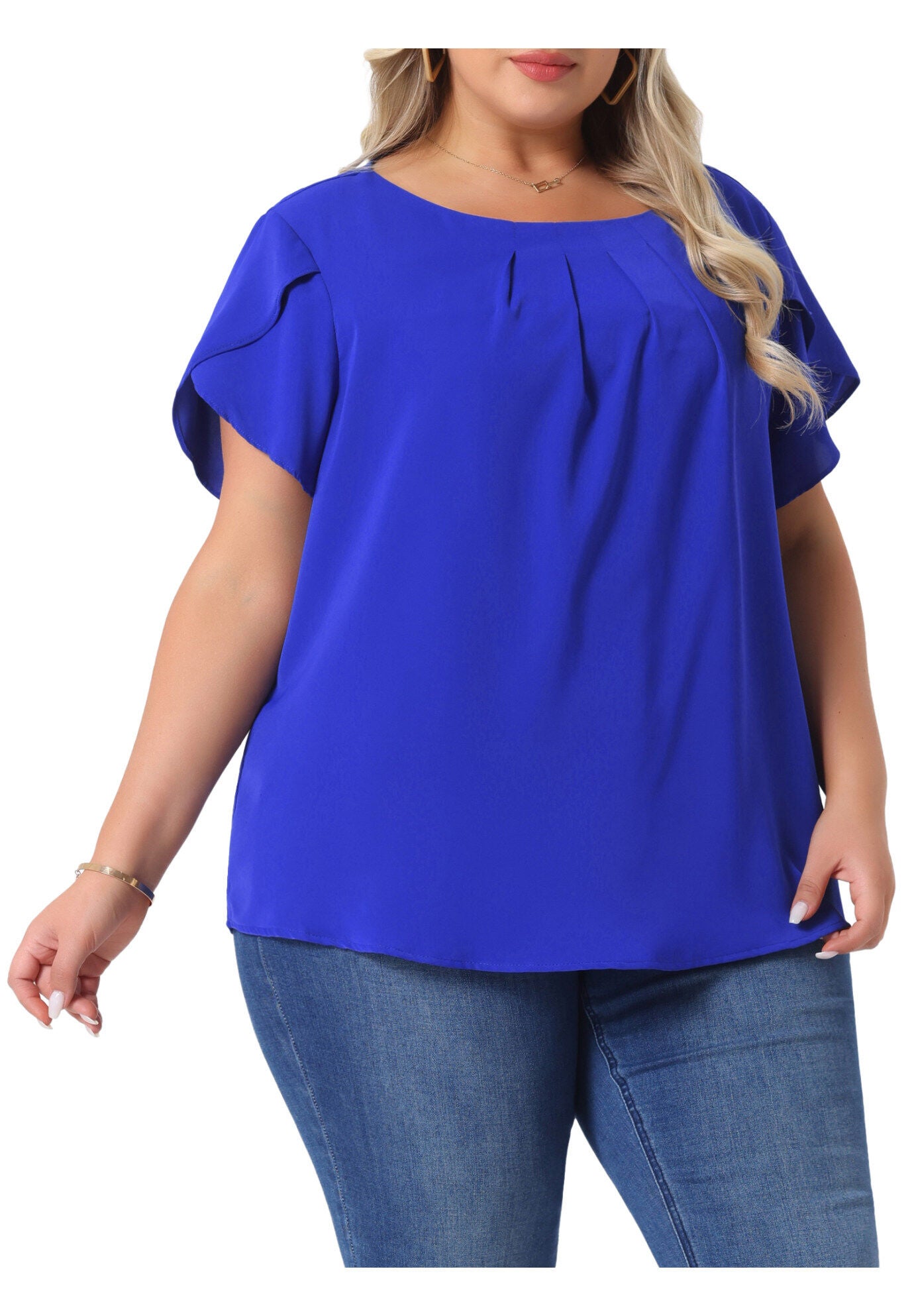 Round Neck Pleated Top Tulip Sleeves Blouse Top, Royal Blue / Royal Blue, alternate image number 1