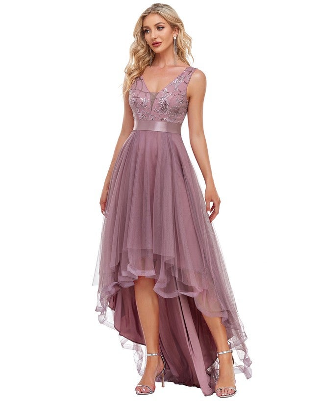 Sleeveless V-back Tulle High-Low Sequin Appliques Evening Dresses | Dia & Co Sleeveless V-back Tulle High-Low Sequin Appliques Evening Dresses | Dia & Co