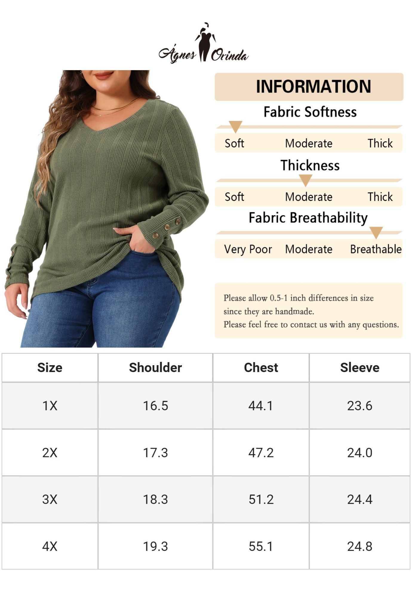 V Neck Button Stretchy Pullover Sweater Knit Top, Army Green / Olive Green, alternate image number 3