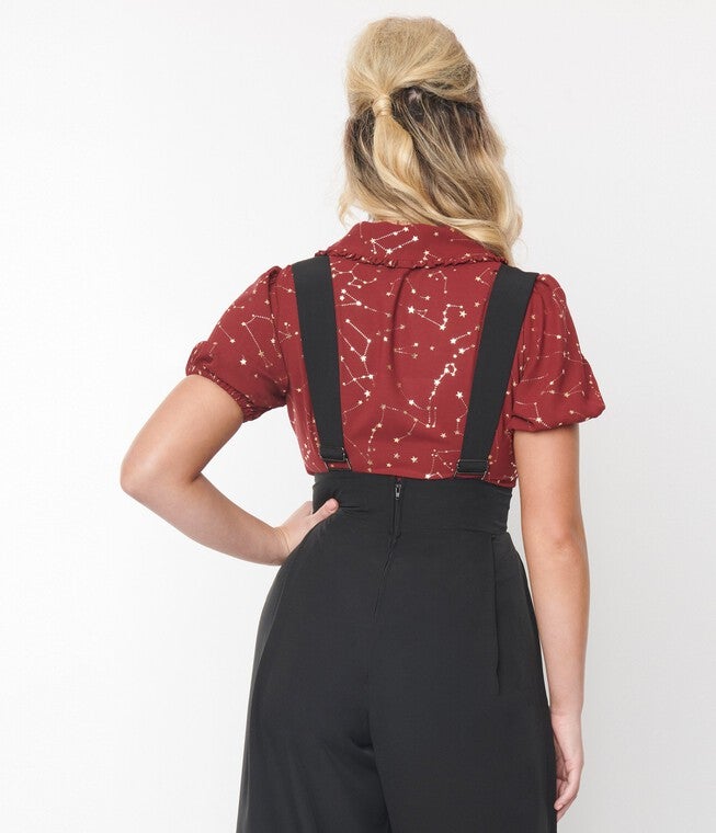 Unique Vintage Burgundy & Gold Stars Oversized Collar Blouse, , alternate image number null