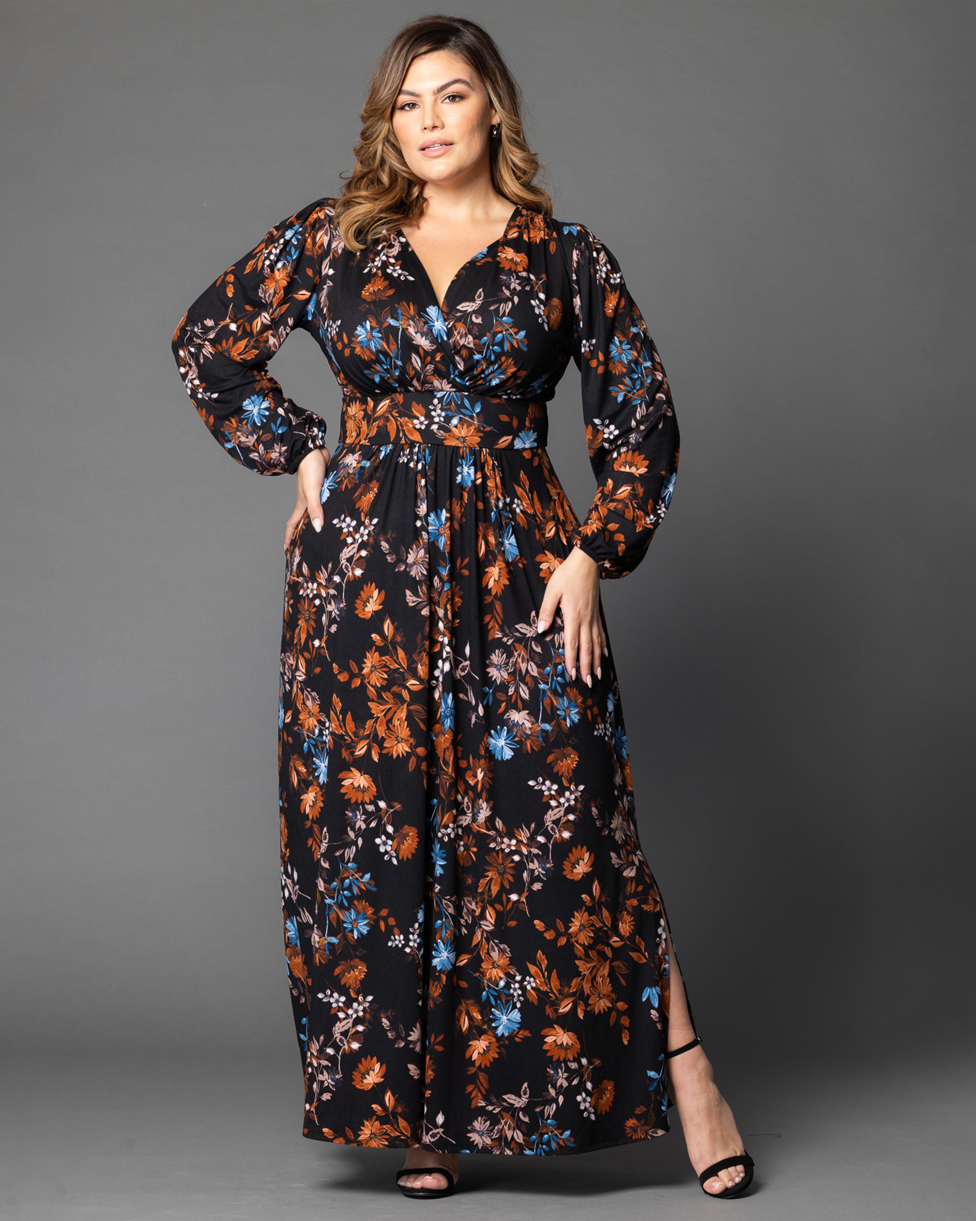 Kelsey Long Sleeve Maxi Dress, MIDNIGHT ASTERS / Black, alternate image number 3