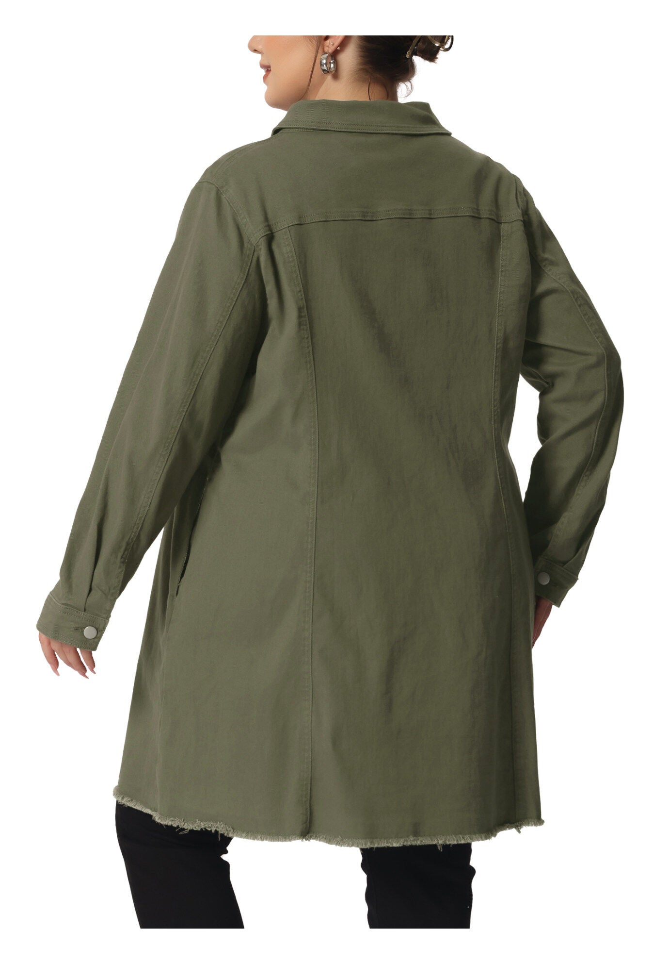 DISTRESSED BUTTON UP POCKET LONG DENIM JACKET, Green / Olive Green, alternate image number 3