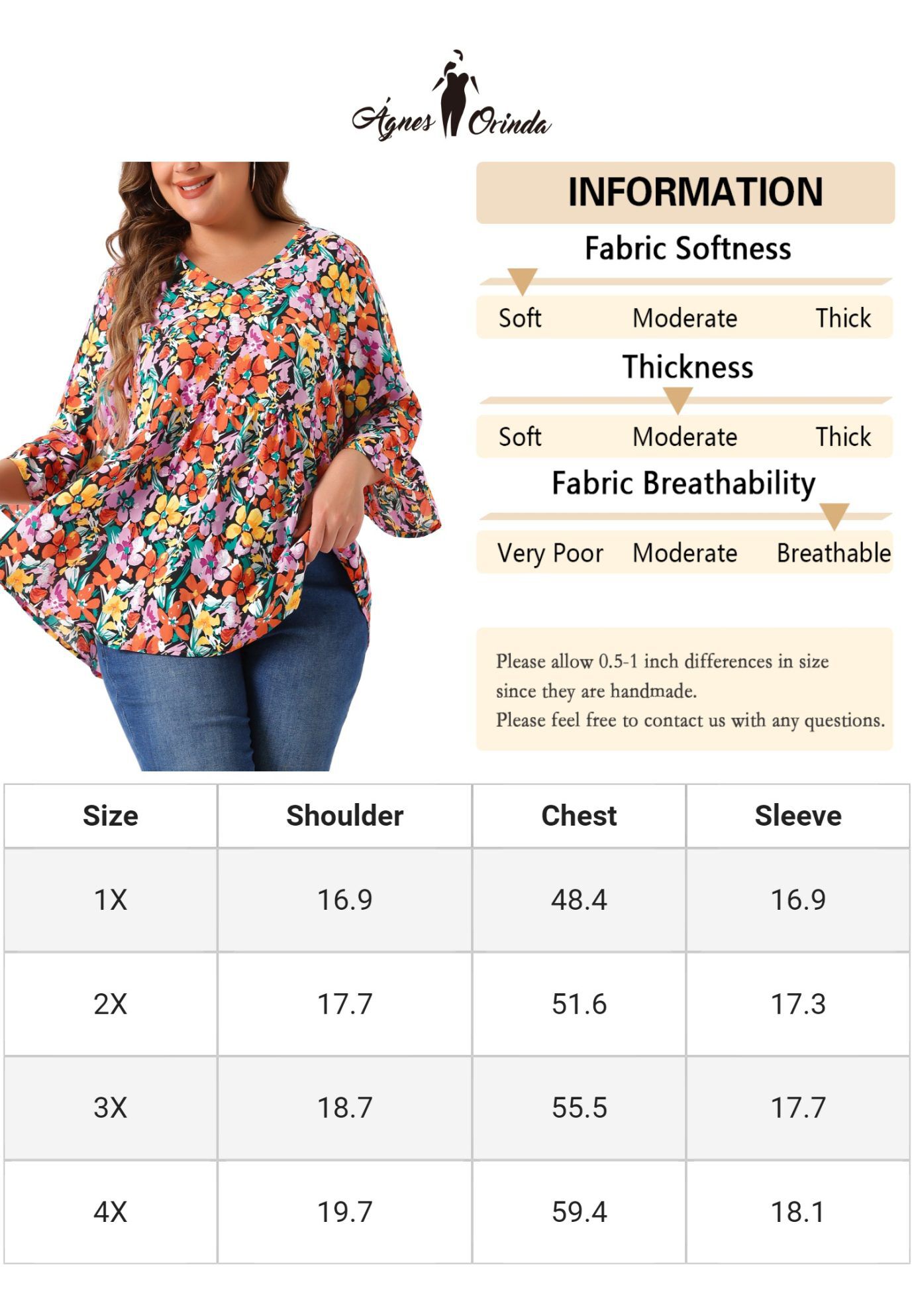 Floral V Neck Ruffle Sleeve Babydoll Peplum Blouse, Orange Black / Orange, alternate image number 4