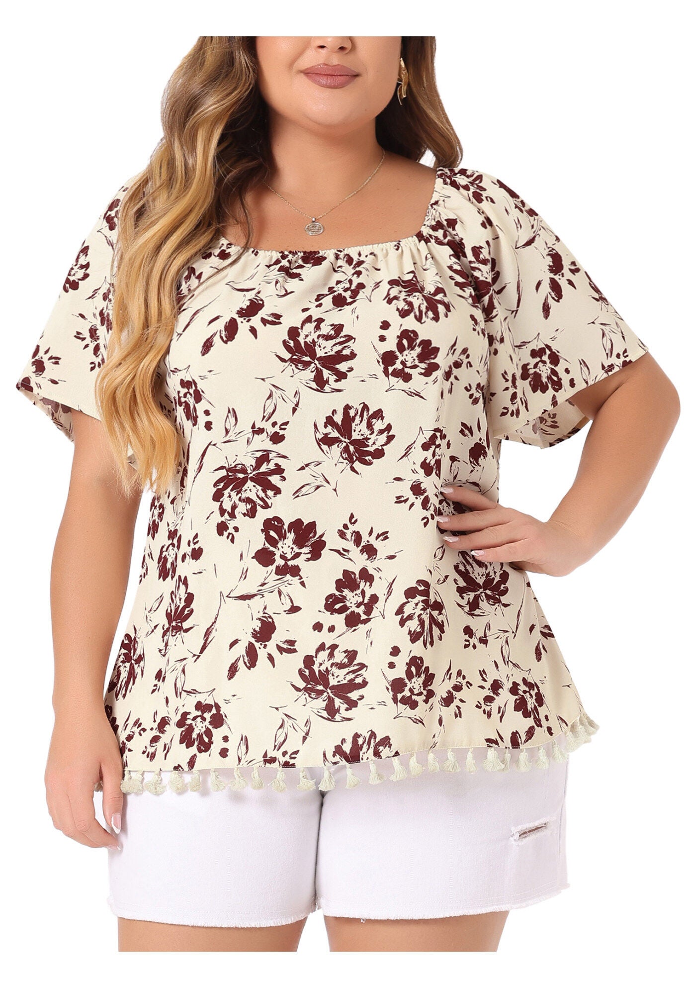 Square Neck Floral Tassel Hem Boho Tops, Beige / Beige, alternate image number 2