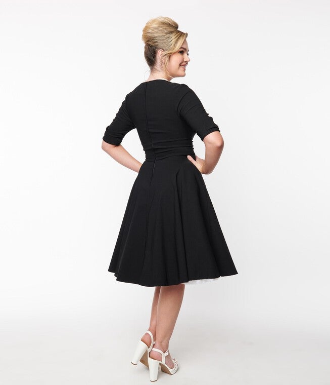 Unique Vintage Black Delores Swing Dress with Sleeves, Black / Black, alternate image number 2