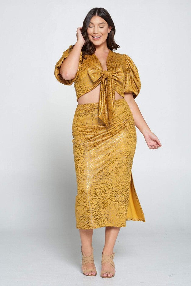 CHEETAH FOIL WRAP TOP AND MIDI SKIRT SET, Mustard Foil Cheetah / Yellow, alternate image number 4
