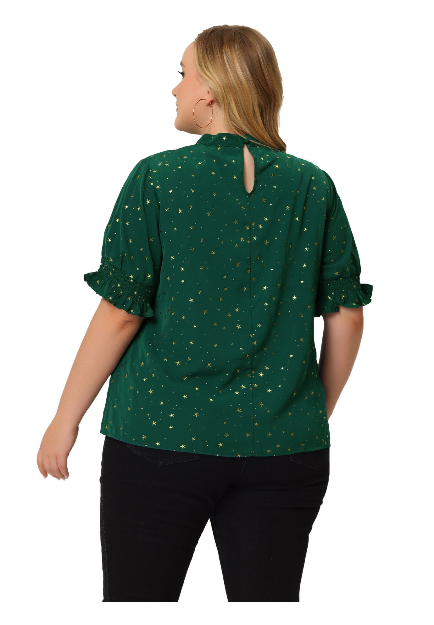 Pleated Mock Neck Star Print Puff Sleeve Blouse Top, Green / Forest Green, alternate image number 3
