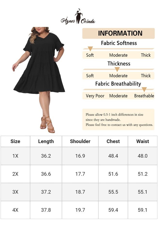 V Neck Ruffle Sleeve with Pockets Swing A Line Tiered Dress, Black / Black, alternate image number null