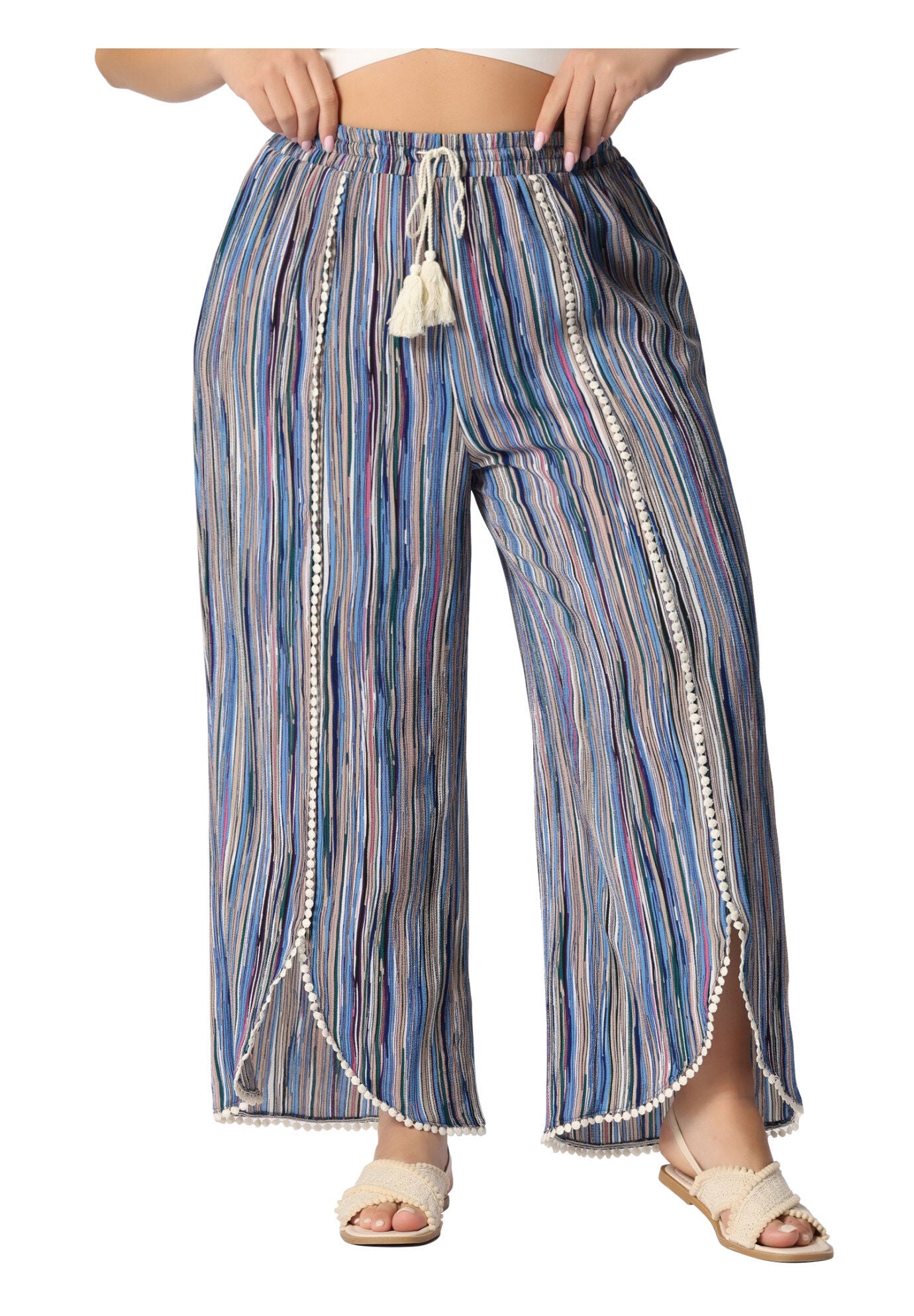 SPLIT ELASTIC WAIST FLOWY STRIPED WIDE LEG PANTS, Blue / Light Blue, alternate image number 2