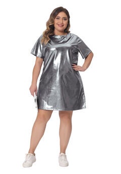 Metallic Round Neck Short Sleeve Loose Mini T-Shirt Dress