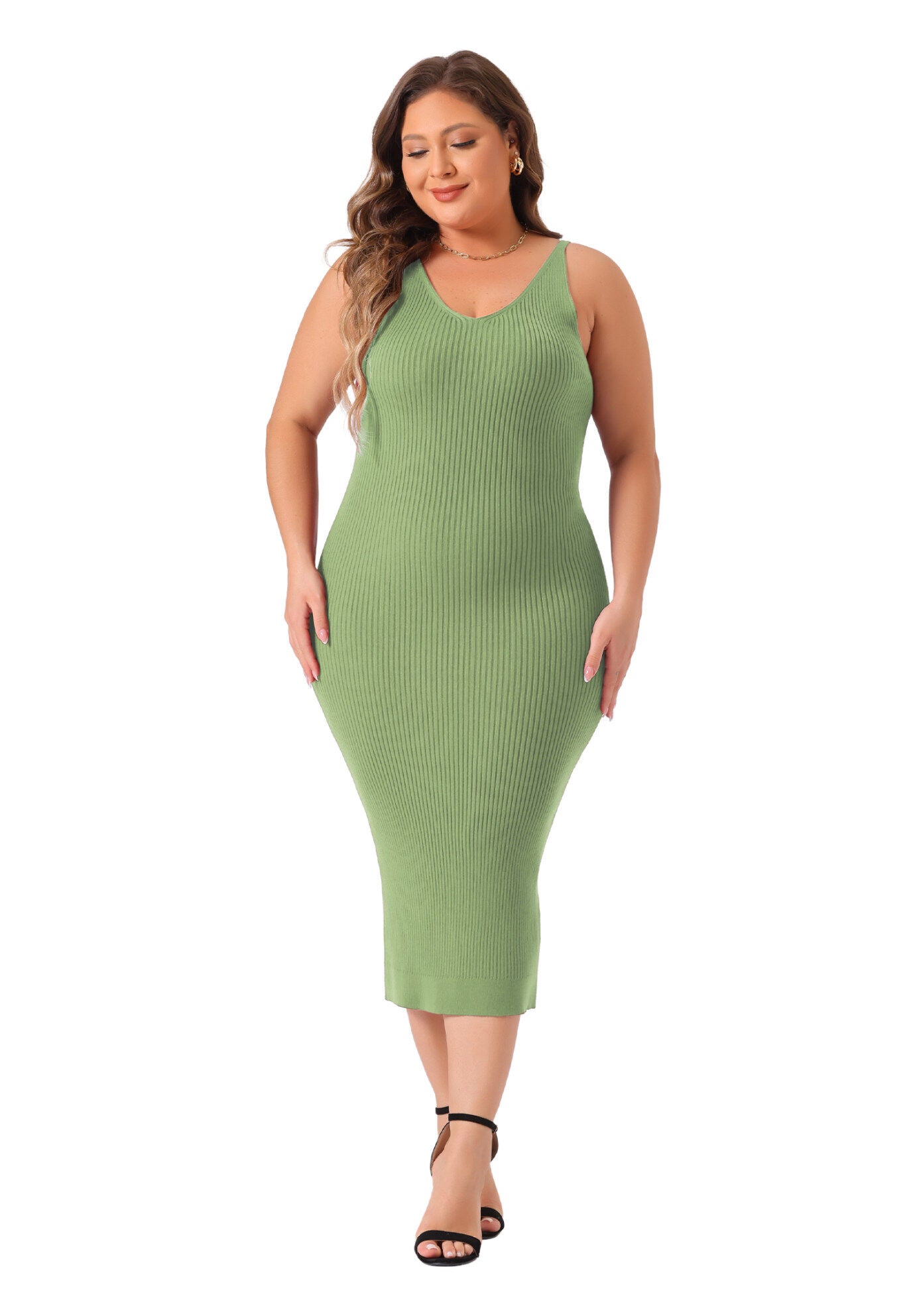 Sleeveless V Neck Ribbed Knit Bodycon Midi Sweater Cami Dress, Green / Light Green, hi-res image number 0