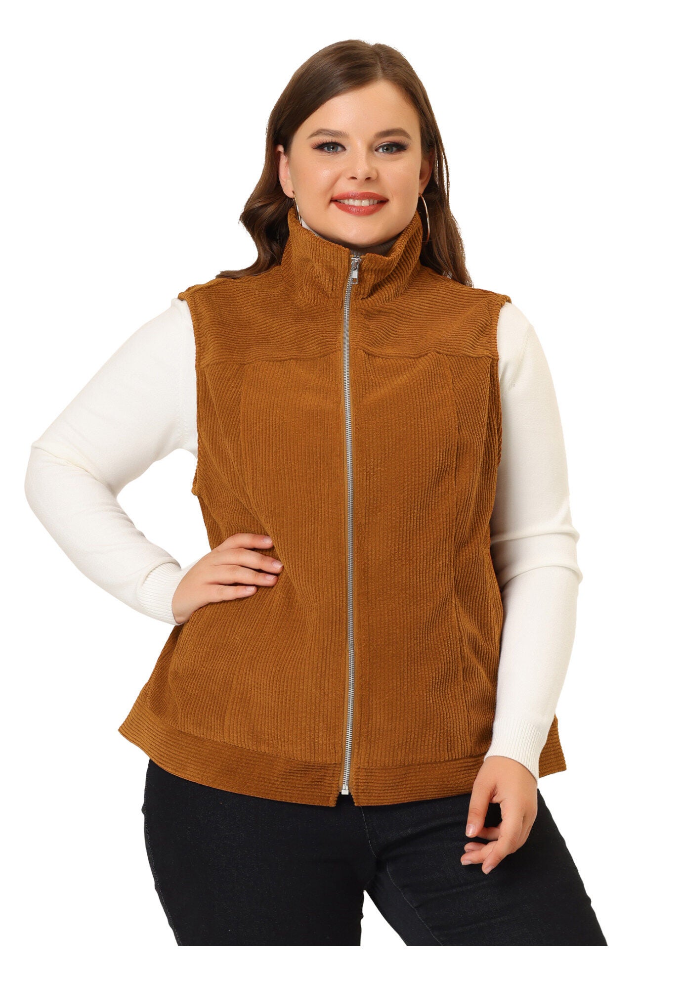 SLEEVELESS ZIPPER SIDE POCKET CORDUROY VEST, Caramel / Brown, hi-res image number 0