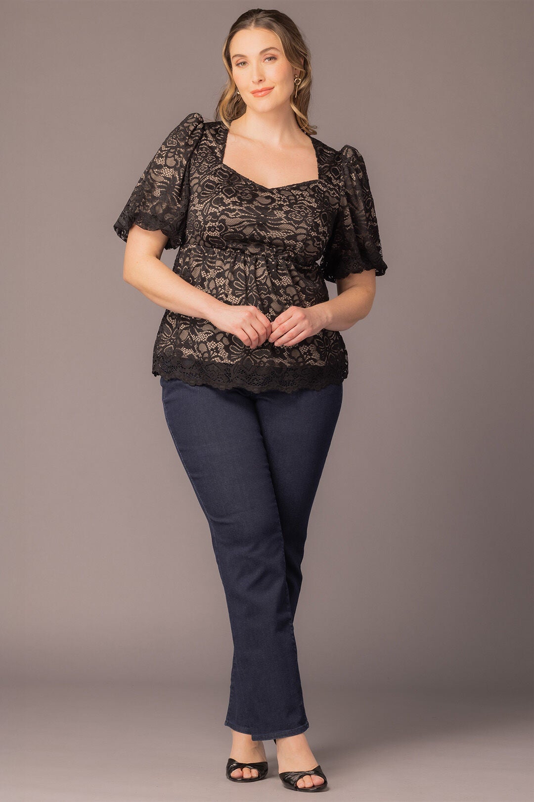 Winsome Sweetheart Lace Peplum Top, BlackNude / Black, alternate image number 4