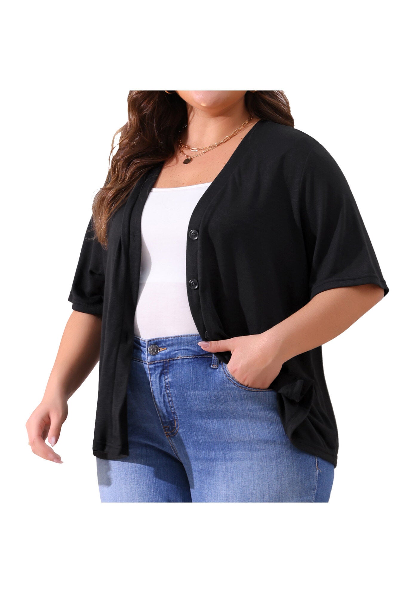 Button Down Sheer Short Sleeve Knitted Top, Black / Black, alternate image number 1