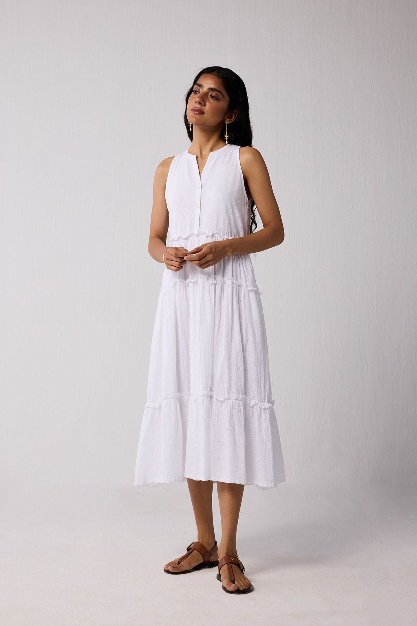 Embroidered Sleeveless Maxi Dress in White, Textured Eyelet in White / White, alternate image number 5