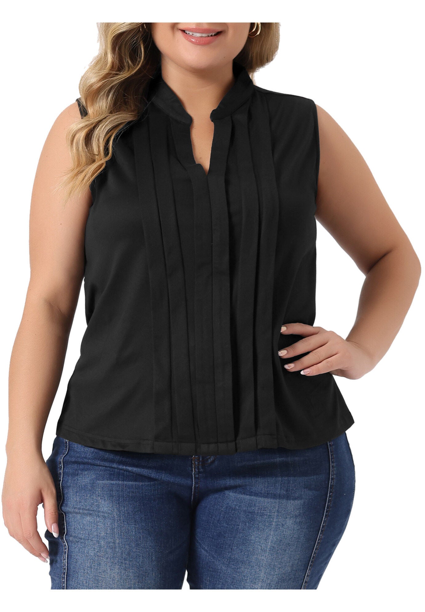 V Neck Sleeveless Pleated Summer Blouse Vest, Black / Black, alternate image number 2