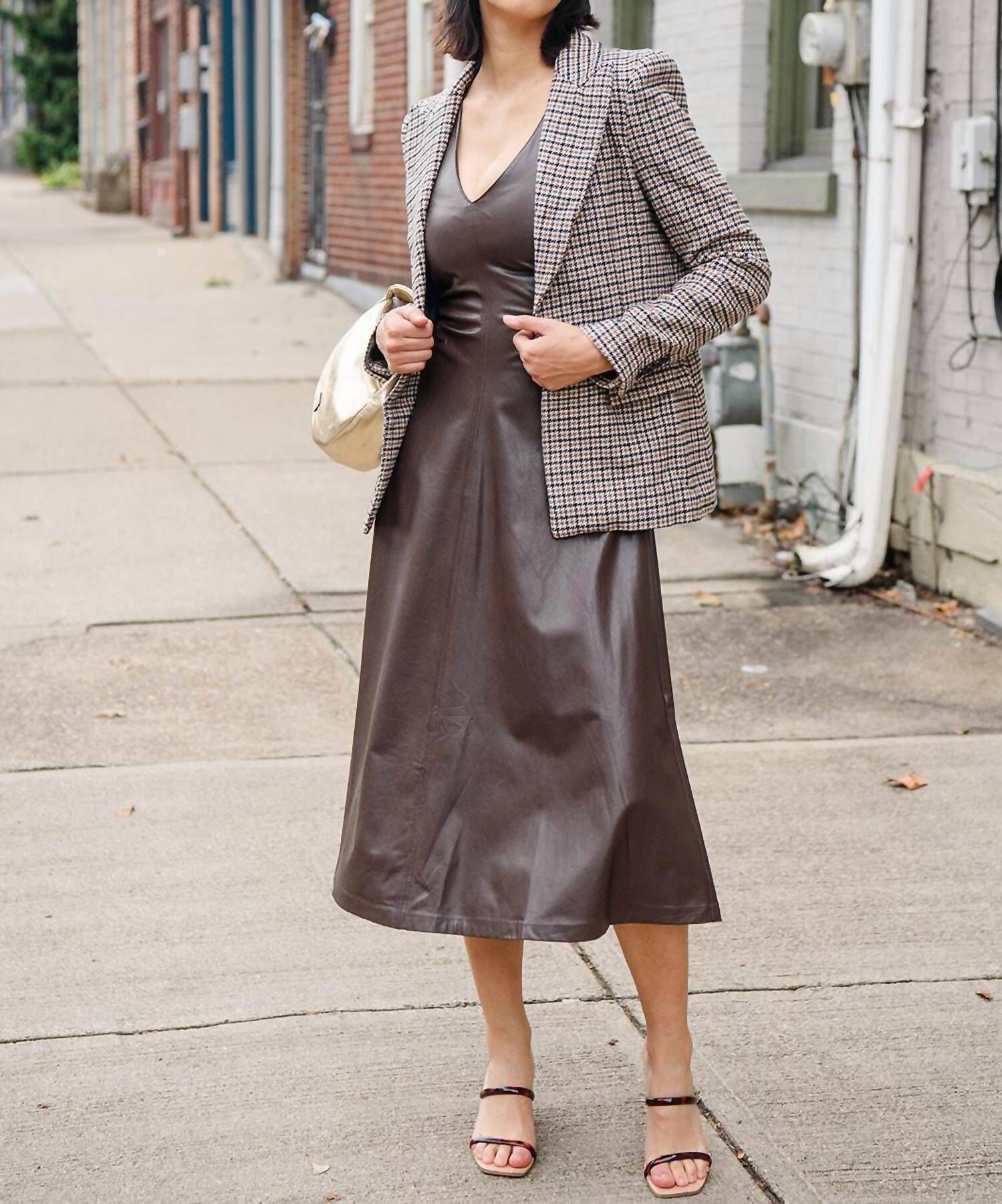 SABAL FAUX LEATHER MIDI DRESS IN CHOCOLATE, , alternate image number 8