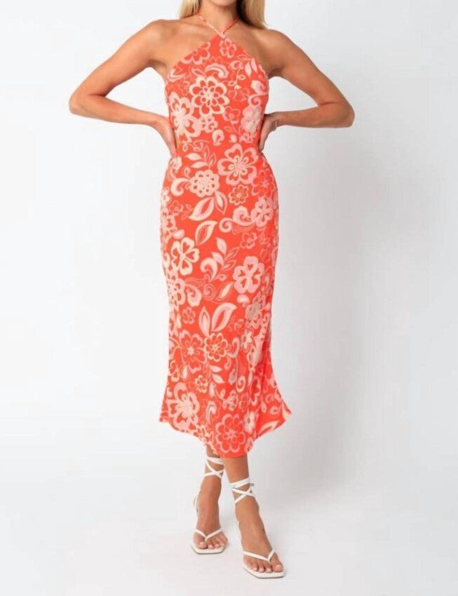 AMARA HALTER CUTOUT MIDI DRESS IN ORANGE PRINT, Orange Print / Orange, hi-res image number null