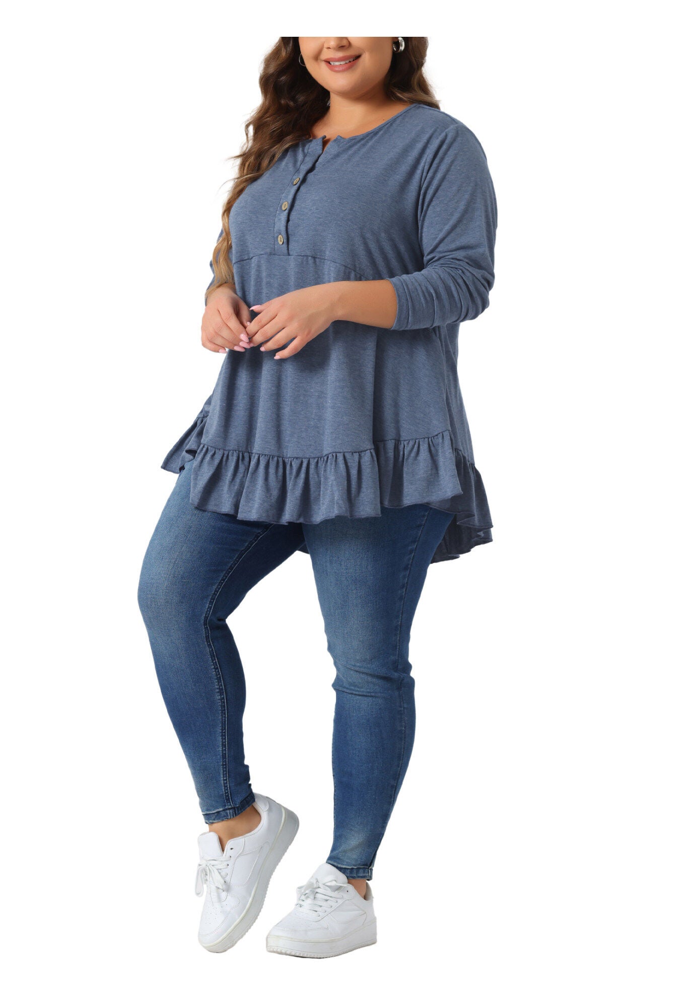 Henley V Neck Ruffled Hem Flowy Blouse Tunic, Blue / Dusty Blue, hi-res image number 0