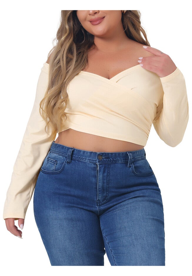 OFF SHOULDER LONG SLEEVE CROSS WRAP V NECK CROP TOP, Beige / Beige, alternate image number 1