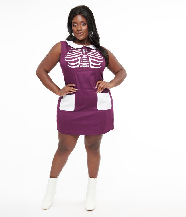1960s Purple & White Skeleton Power Mini Dress, Purple White Skeleton / Purple, alternate image number 2