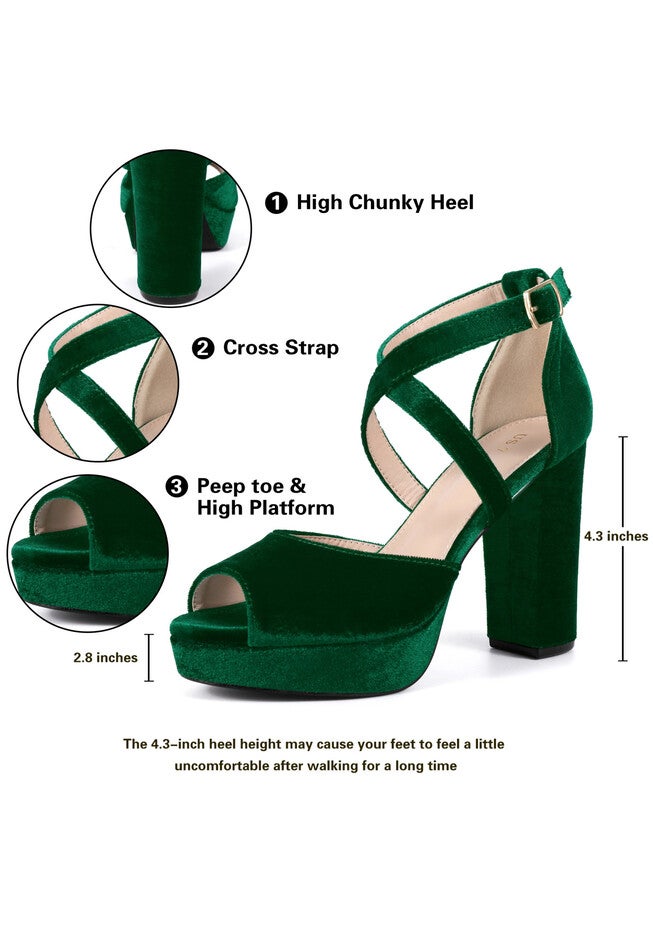 Peep Toe Pumps Velvet Block Heel Platform Sandals, Emerald Green / Hunter Green, alternate image number 1