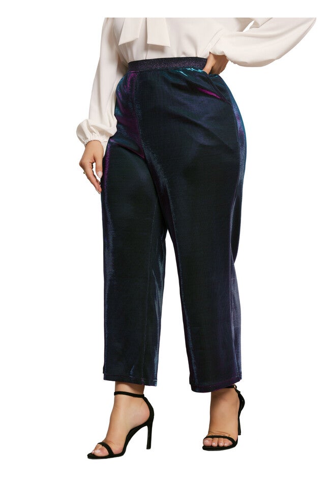 METALLIC SPARKLY ELASTIC WAIST WIDE LEG PALAZZO PANTS, Purple Blue / Purple, alternate image number null