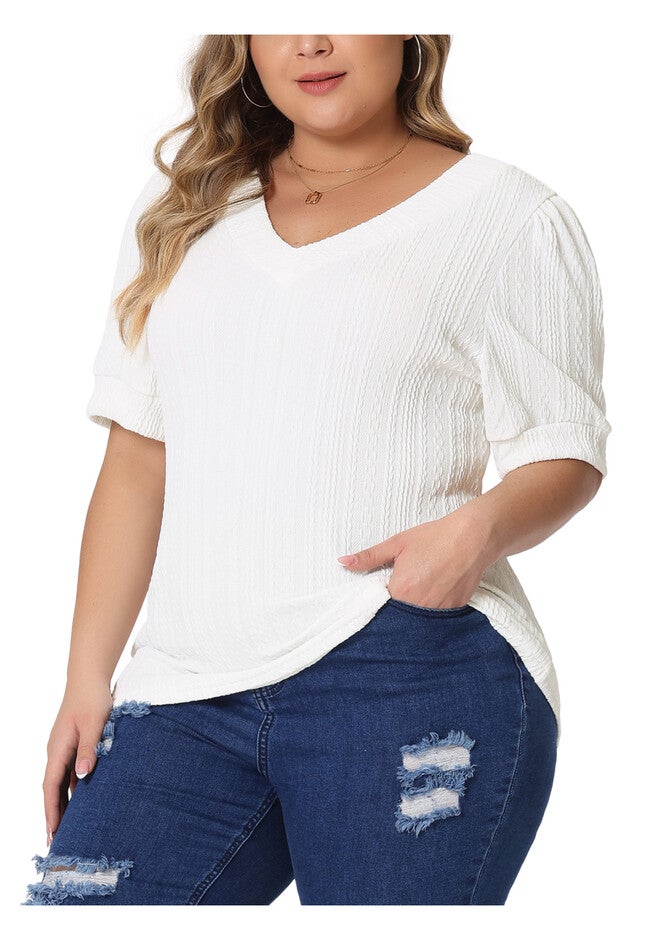 DEEP V NECK SHORT SLEEVE T-SHIRT CASUAL TOP, White / White, alternate image number 1