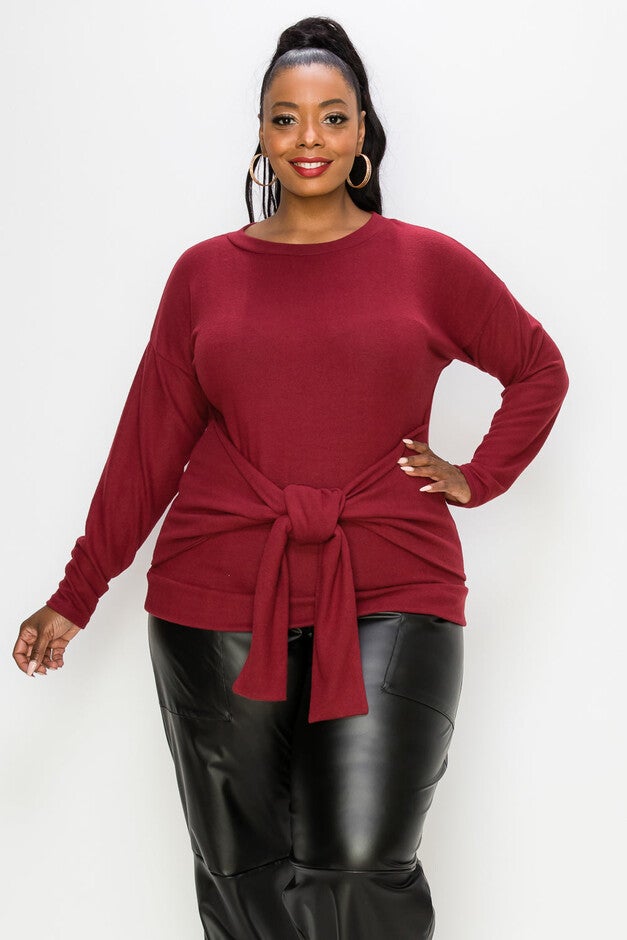 AMY WAIST TIE SWEATER, Burgundy / Burgundy, alternate image number 2