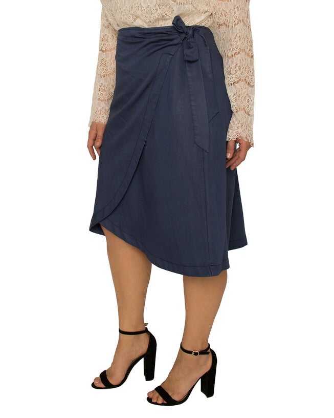Brie Plus Size Dark Indigo High Waist Tie Wrap Tencel Skirt, 3197DKINDIGO / Navy, alternate image number null