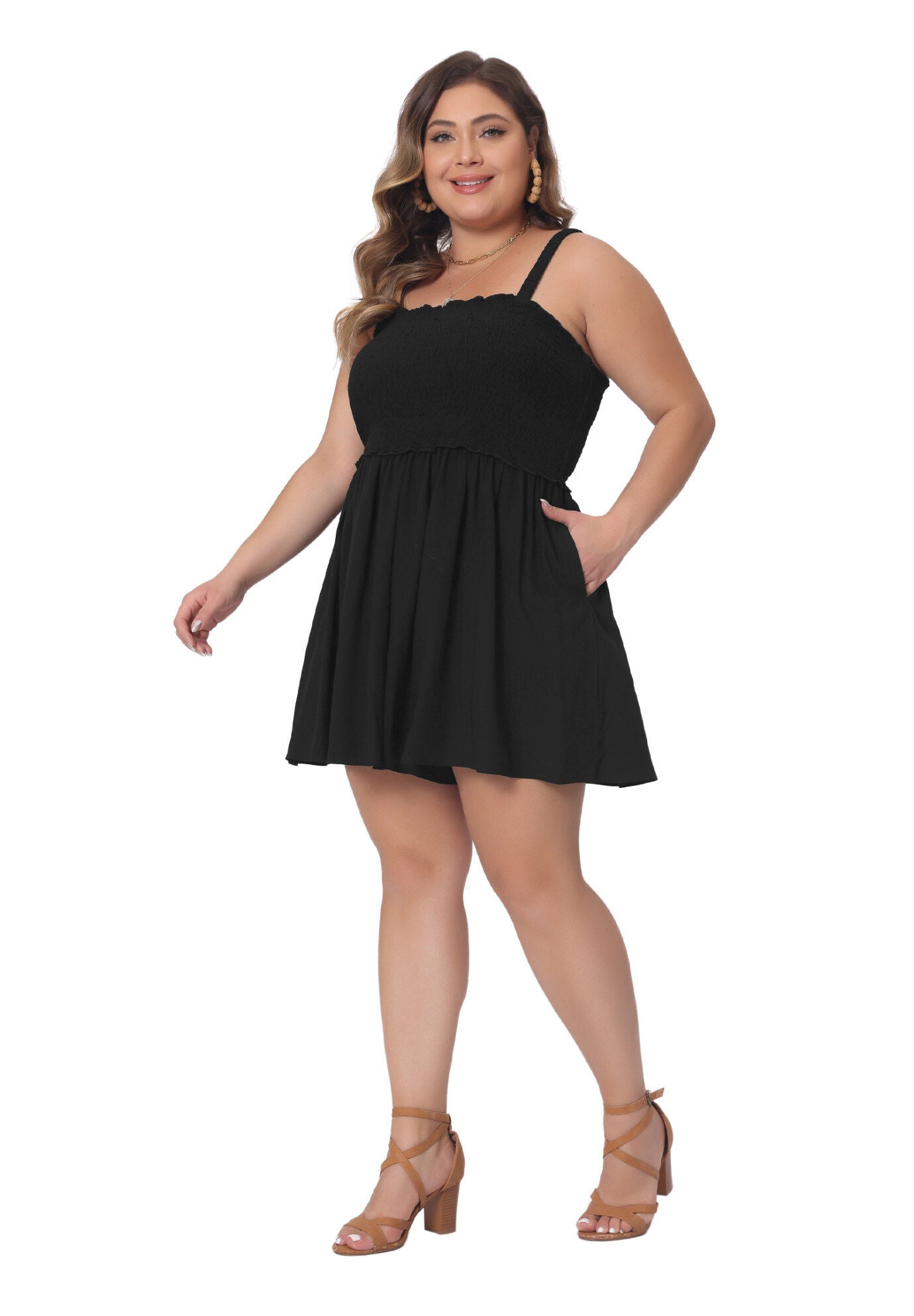 SLEEVELESS ROMPERS SQUARE COLLAR FLOWY SHORT JUMPSUIT, Black / Black, hi-res image number 0