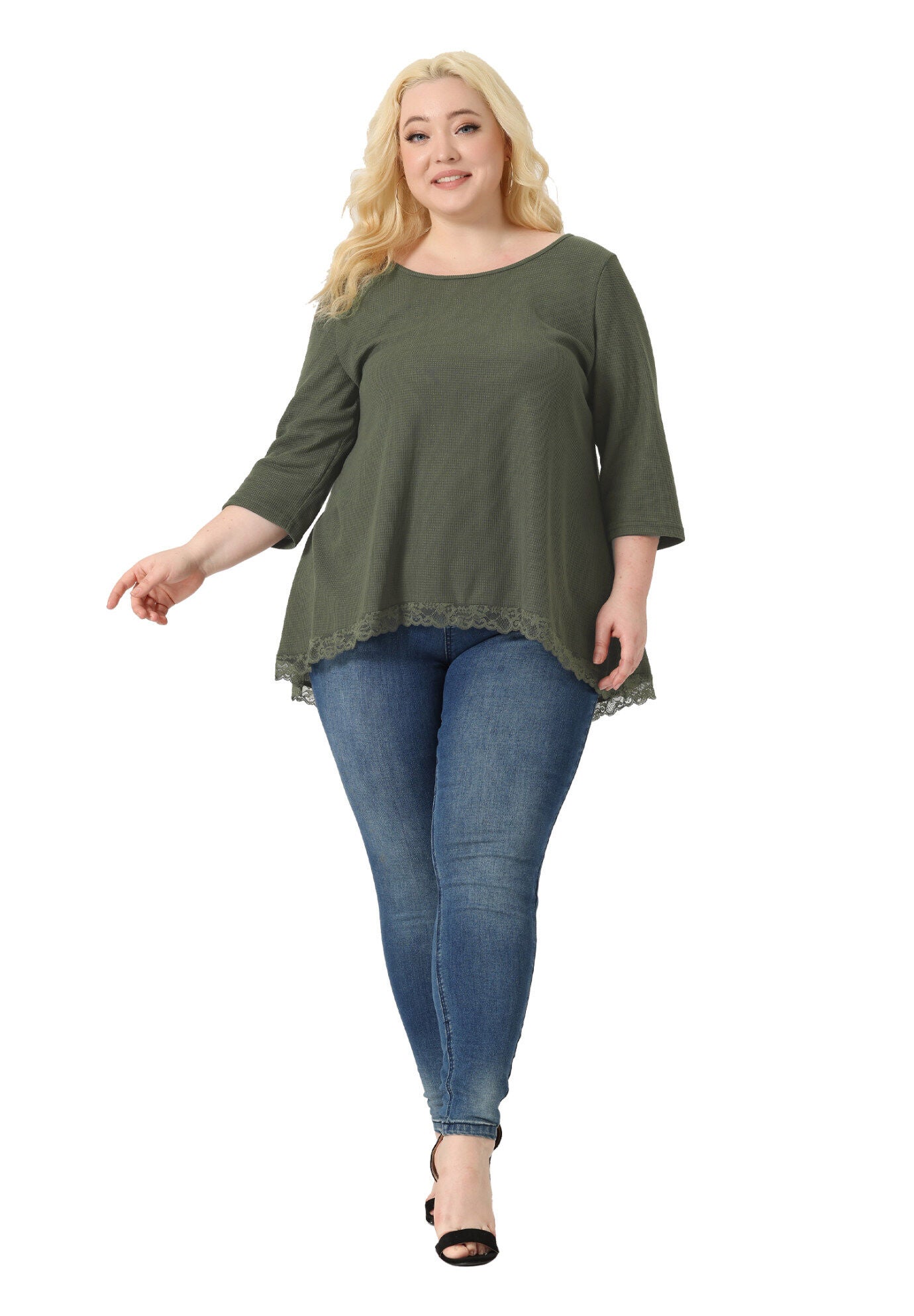 Waffle 3/4 Sleeve Lace Panel Loose High Low Hem Blouse Top, Army Green / Olive Green, hi-res image number 0