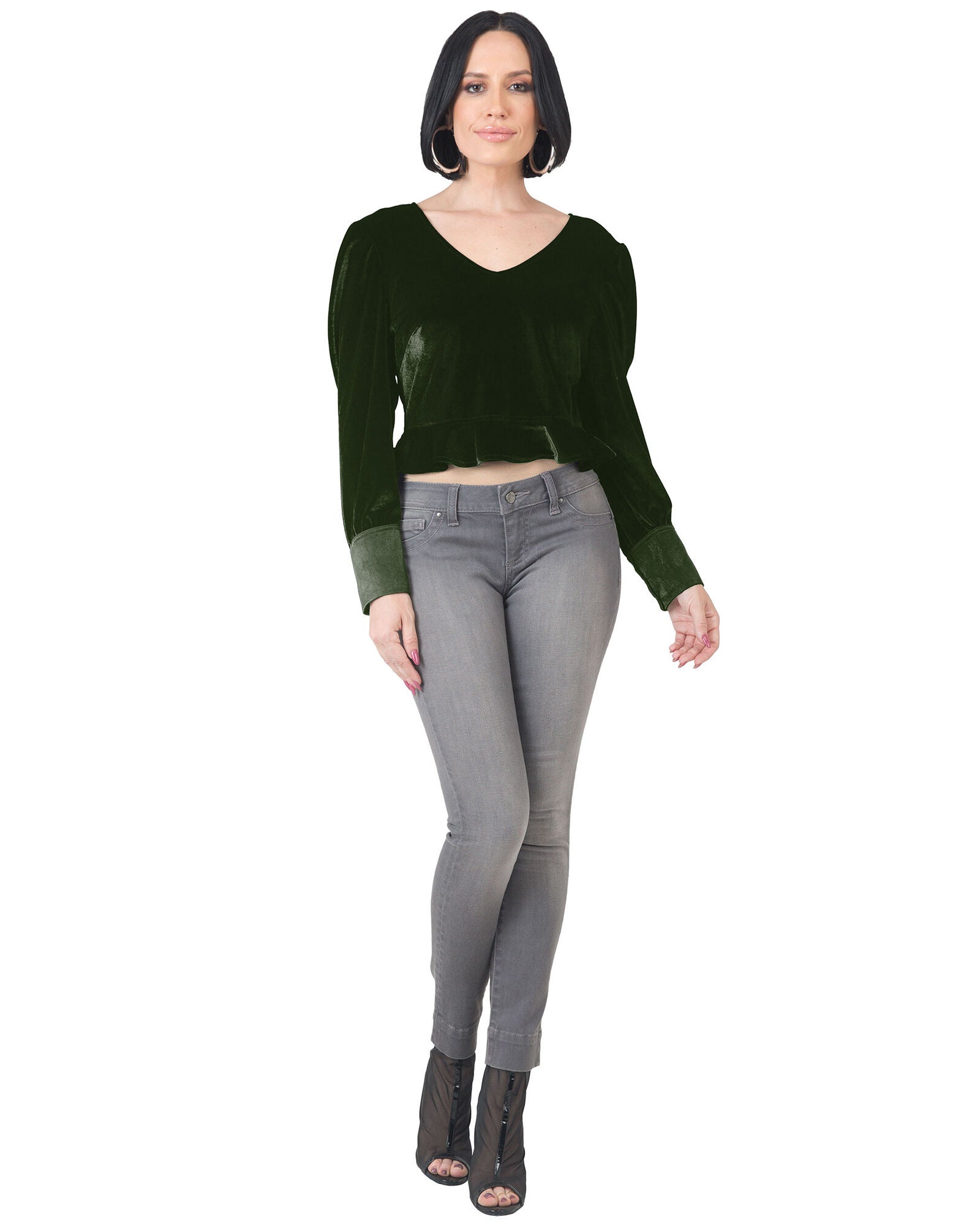 Plus Size Stretch Velvet Peplum Top, Green / Hunter Green, alternate image number 4