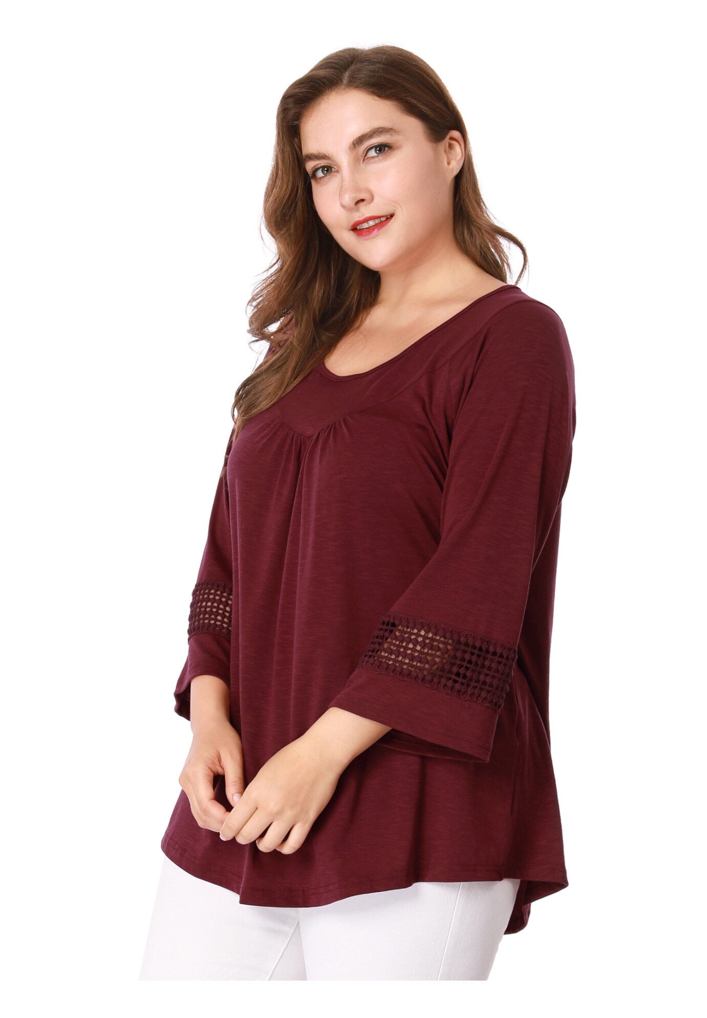 CROCHET PANEL HOLLOW OUT PLEATED TUNICS BLOUSE TOP, , hi-res image number 0