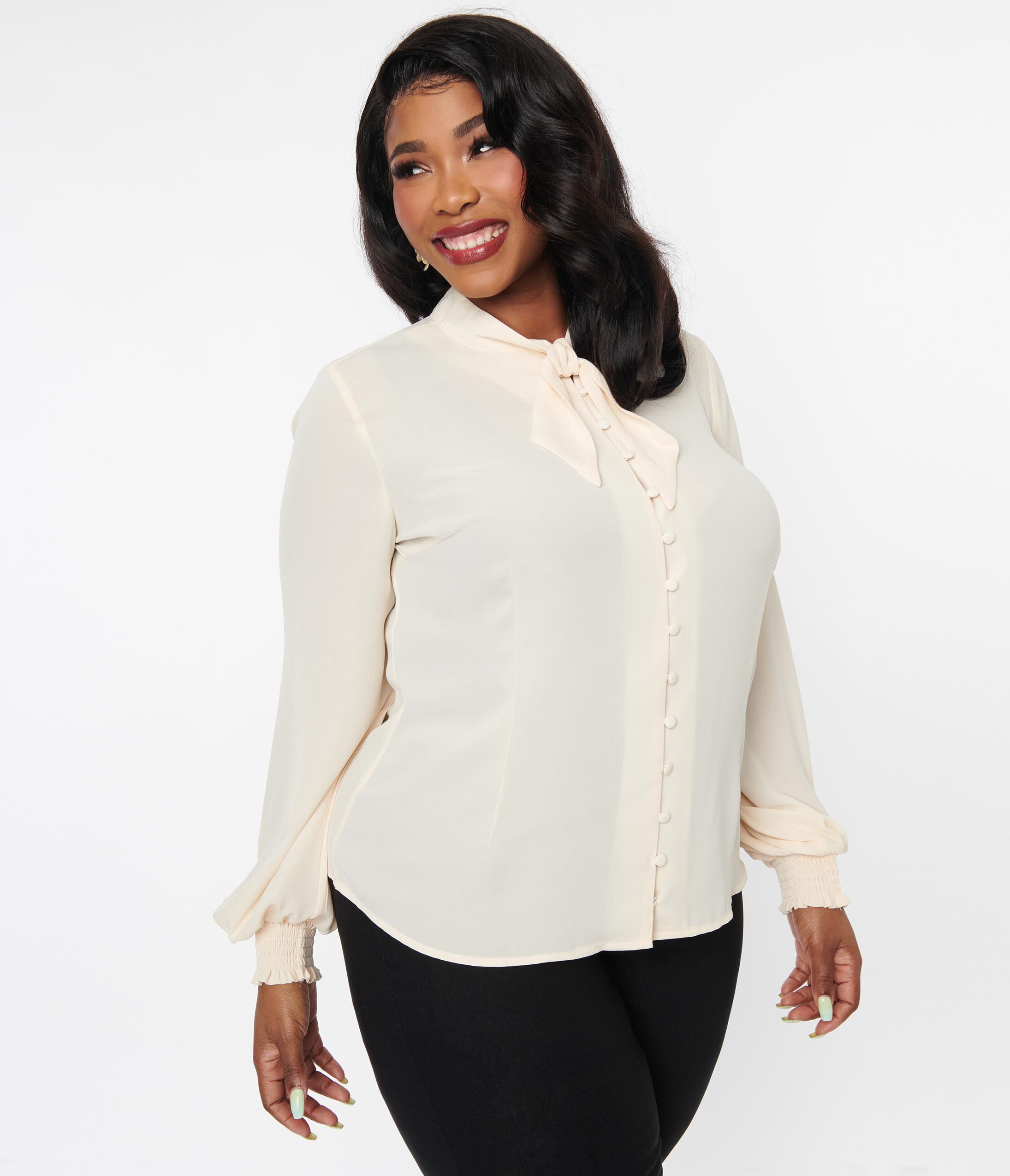 Unique Vintage Ivory Neck Tie Blouse, Ivory / Ivory, alternate image number 4