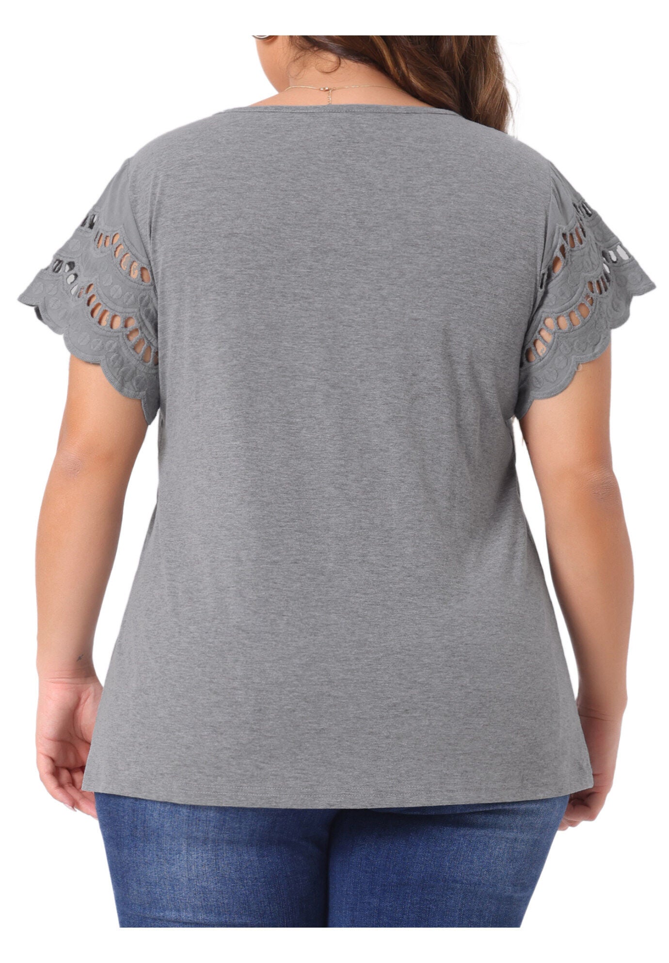 Lace Panel Hollow Short Sleeve Summer Blouse, Grey / Light Grey, alternate image number 3
