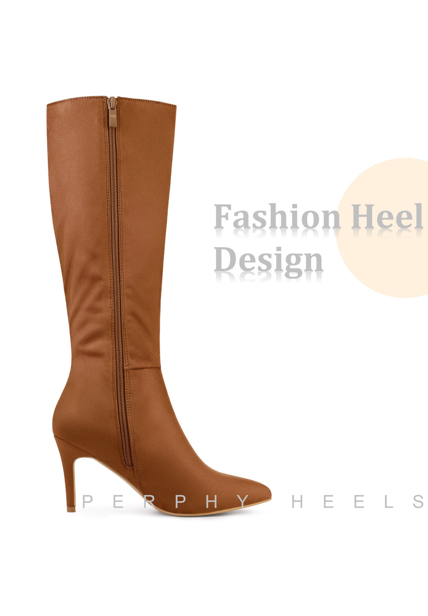 Pointed Toe Stiletto Heels Side Zip Knee High Boots, Brown / Brown, alternate image number 3