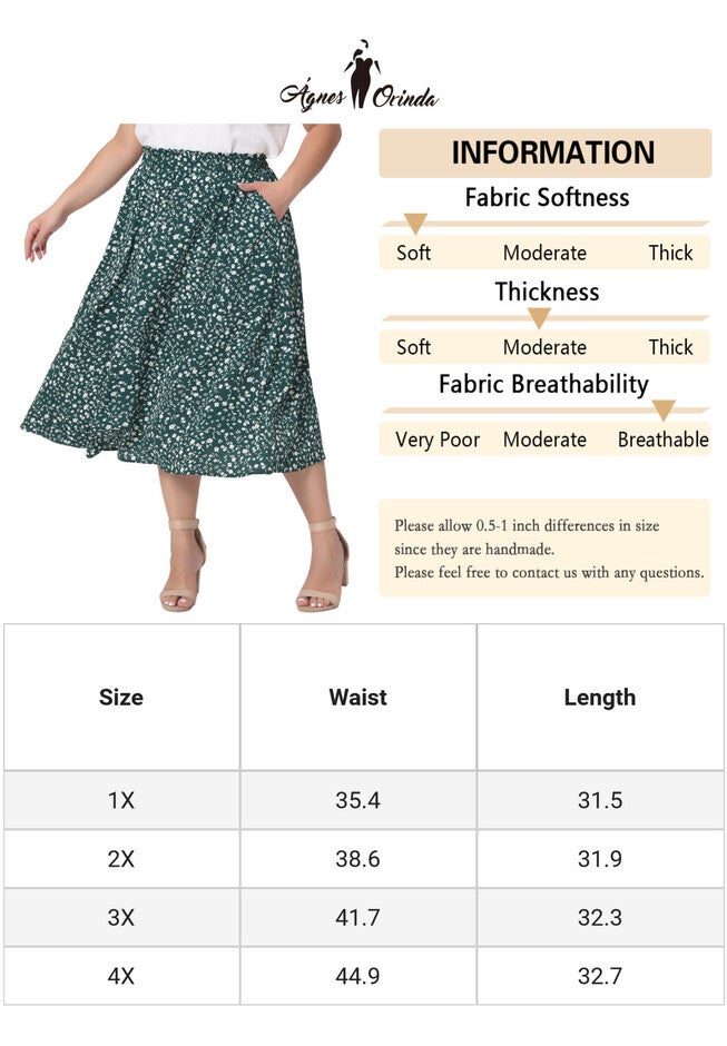 Printed Chiffon Elastic Waist Flowy Midi Skirt with Pockets, Dark Green / Forest Green, alternate image number 2