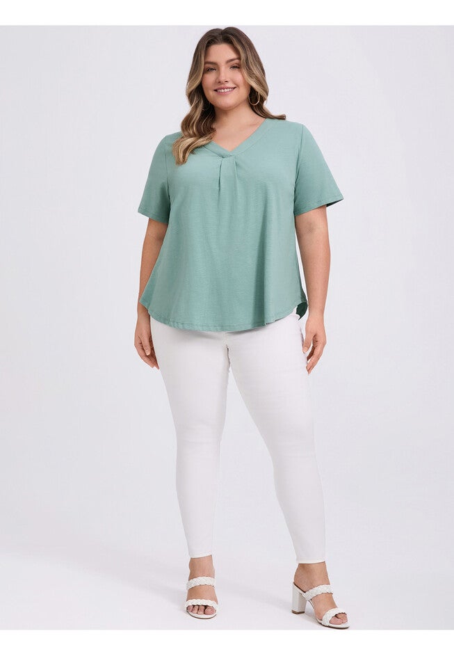 Pleated V Neck Short Sleeve Casual Loose Fit Blouse Tee, Green / Mint, alternate image number 1
